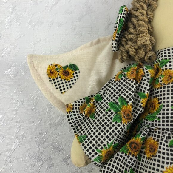 Vintage Cloth Doll Angel Dressed in Checkered and Sunflower Dress with Bows 16” - Picture 8 of 14